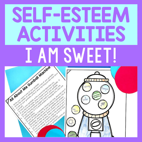 Educational materials with 'Self-Esteem Activities' and a gumball machine theme on a purple background.