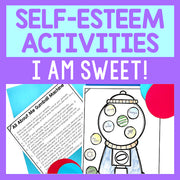 Educational materials with 'Self-Esteem Activities' and a gumball machine theme on a purple background.
