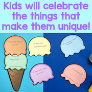 Colorful ice cream cone and speech bubble cutouts with text on a blue background, promoting self-esteem.