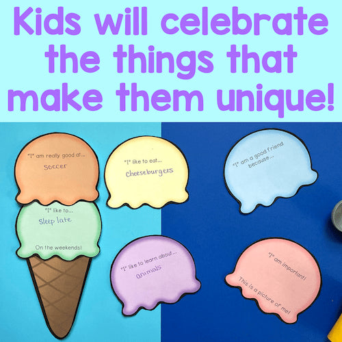 Colorful ice cream cone and speech bubble cutouts with text on a blue background, promoting self-esteem.