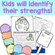 Educational materials for self-assessment with colorful gumball machine design and text about identifying strengths.