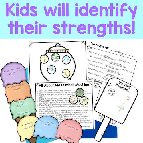 Educational materials for self-assessment with colorful gumball machine design and text about identifying strengths.