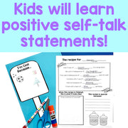 Educational materials for teaching positive self-talk to children on a blue background