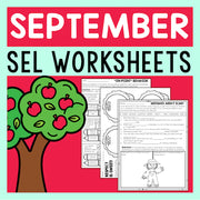 Cover of September SEL Worksheets with a tree and apples design on a red and green background.