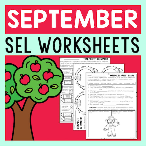 Cover of September SEL Worksheets with a tree and apples design on a red and green background.