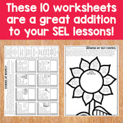 Educational worksheets on a wooden surface with text highlighting their use in SEL lessons.