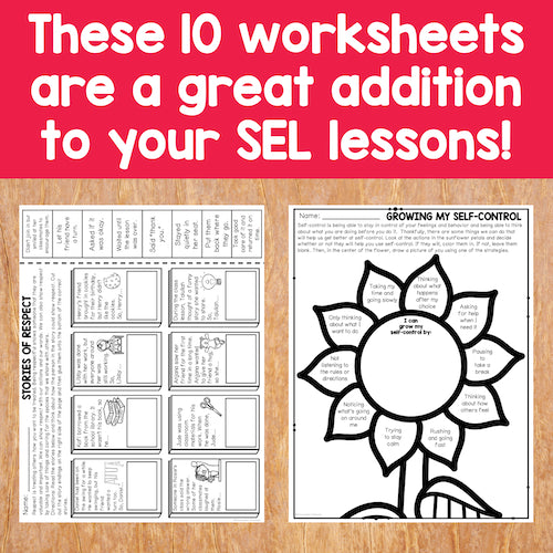Educational worksheets on a wooden surface with text highlighting their use in SEL lessons.