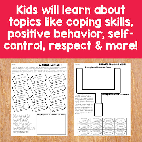 Educational materials for kids on coping skills, positive behavior, self-control, and respect on a wooden surface.