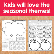 Educational worksheets on a wooden surface with text 'Kids will love the seasonal themes!'.