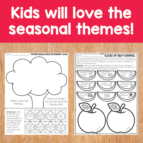 Educational worksheets on a wooden surface with text 'Kids will love the seasonal themes!'.