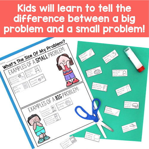 Educational materials for teaching children about big and small problems with worksheets, scissors, and markers.