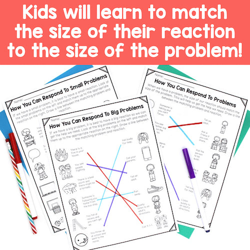 Educational worksheets for children with colorful markers on a white background