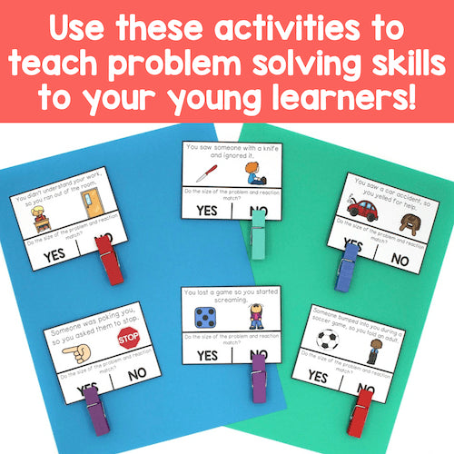Educational activity cards with yes/no responses on a blue and green background, text overlay 'Use these activities to teach problem solving skills to your young learners!'.