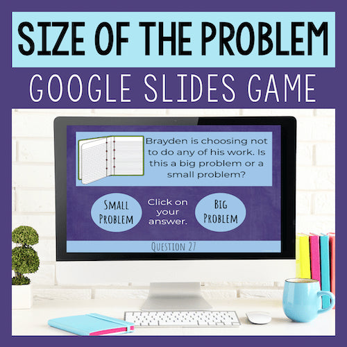 Computer screen displaying a Google Slides game titled 'Size of the Problem' with a question about Brayden's behavior.