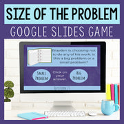 Computer screen displaying a Google Slides game titled 'Size of the Problem' with a question about Brayden's behavior.