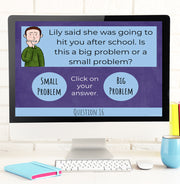 Computer screen displaying a moral dilemma question with cartoon character and options.