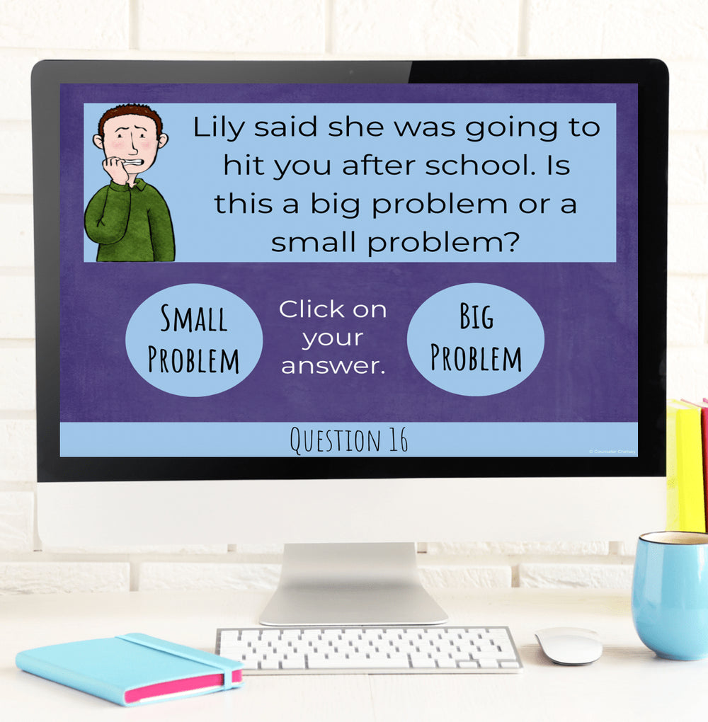 Computer screen displaying a moral dilemma question with cartoon character and options.