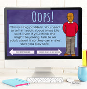 Computer screen displaying a safety message with a cartoon character, surrounded by books and a mug.