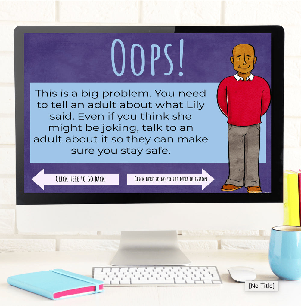 Computer screen displaying a safety message with a cartoon character, surrounded by books and a mug.