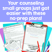 Educational materials with text about no-prep counseling plans on a colorful background