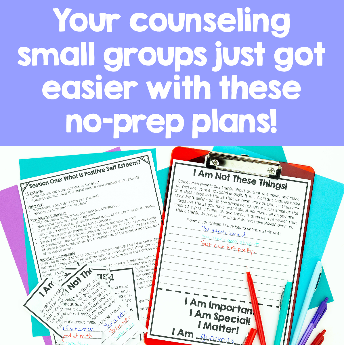 Educational materials with text about no-prep counseling plans on a colorful background