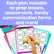 Educational materials with worksheets and a hand holding a red pen on a purple background.