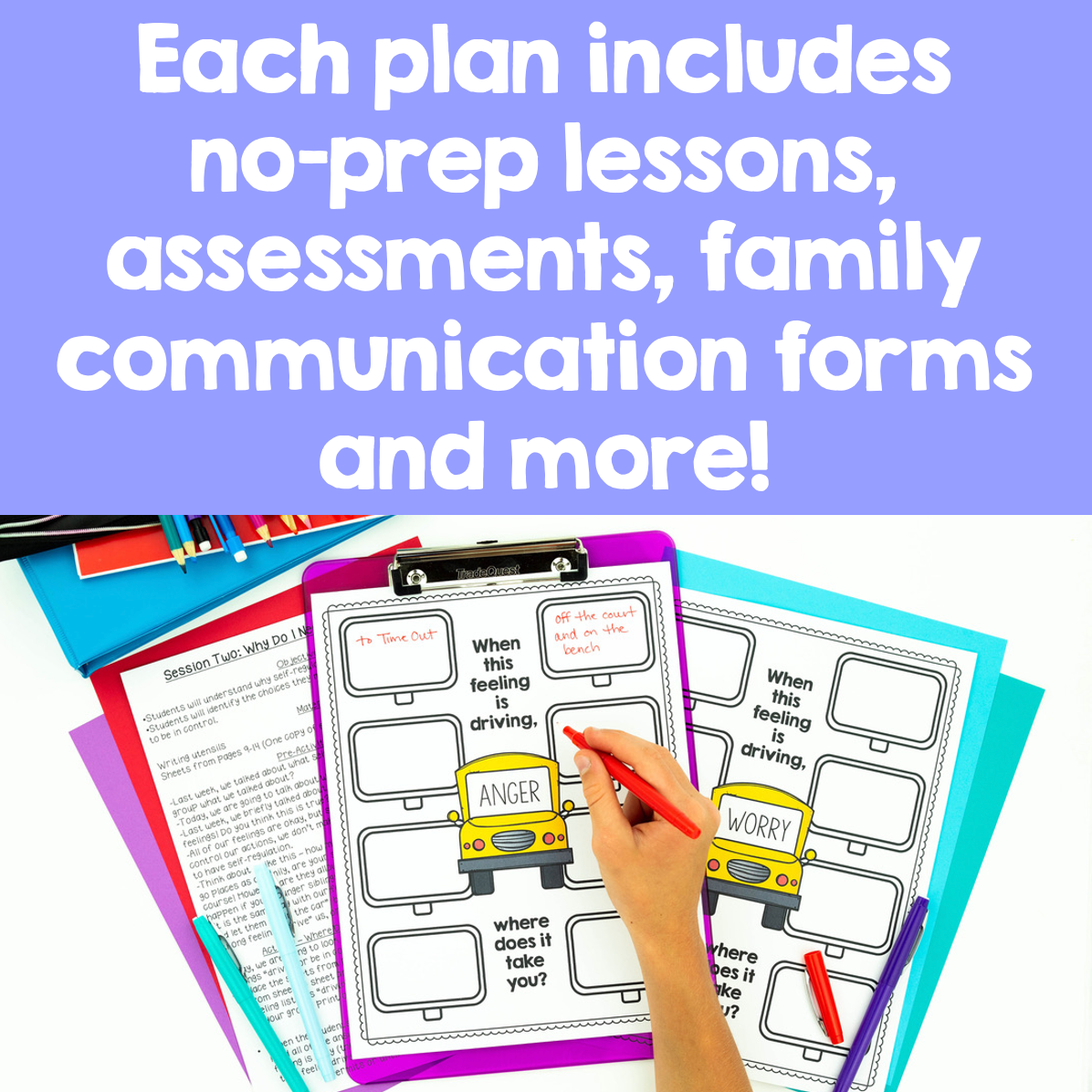 Educational materials with worksheets and a hand holding a red pen on a purple background.
