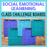 Classroom challenge boards for social emotional learning on a wooden surface with a blue background.