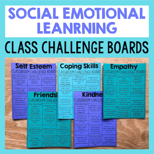 Classroom challenge boards for social emotional learning on a wooden surface with a blue background.