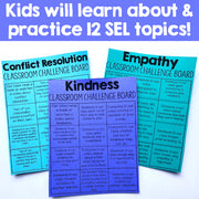 Educational materials for SEL topics with text 'Kids will learn about & practice 12 SEL topics!' on a blue background.
