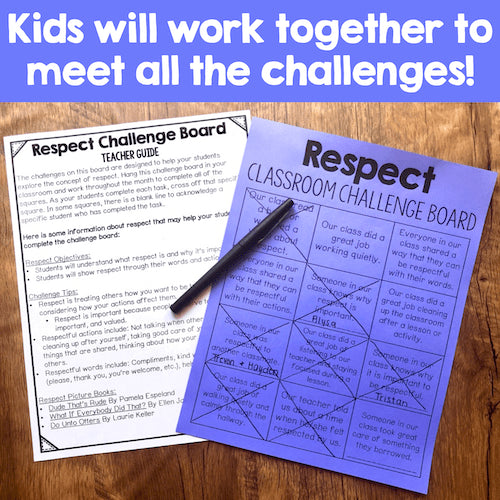Respect challenge board with teacher guide and pen on a wooden surface