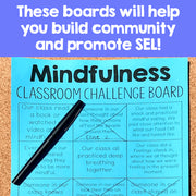 Mindfulness classroom challenge board with a pen on a cork background, text overlay promoting community building and SEL.