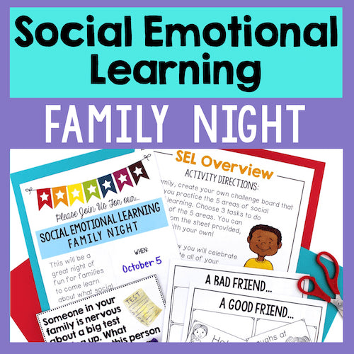 Promotional graphic for Social Emotional Learning Family Night with activity sheets and scissors on a purple background.