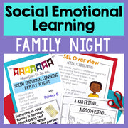 Promotional graphic for Social Emotional Learning Family Night with activity sheets and scissors on a purple background.