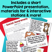 Educational materials with text about a PowerPoint presentation and interactive stations on a colorful background