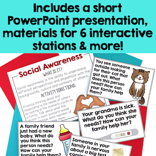 Educational materials with text about a PowerPoint presentation and interactive stations on a colorful background