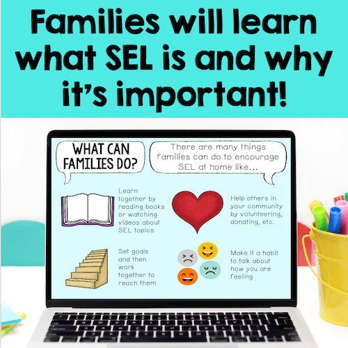 Laptop screen displaying educational content about SEL with a colorful background