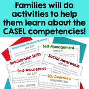 Educational materials on CASEL competencies with text and colorful headers.