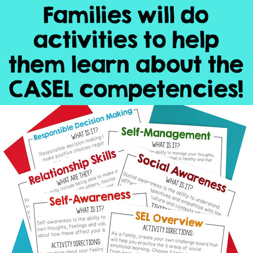 Educational materials on CASEL competencies with text and colorful headers.