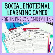 Social Emotional Learning games for in-person and online use with colorful materials on a purple background.
