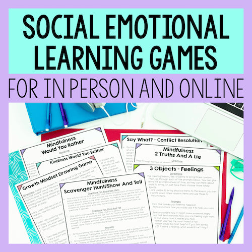 Social Emotional Learning games for in-person and online use with colorful materials on a purple background.