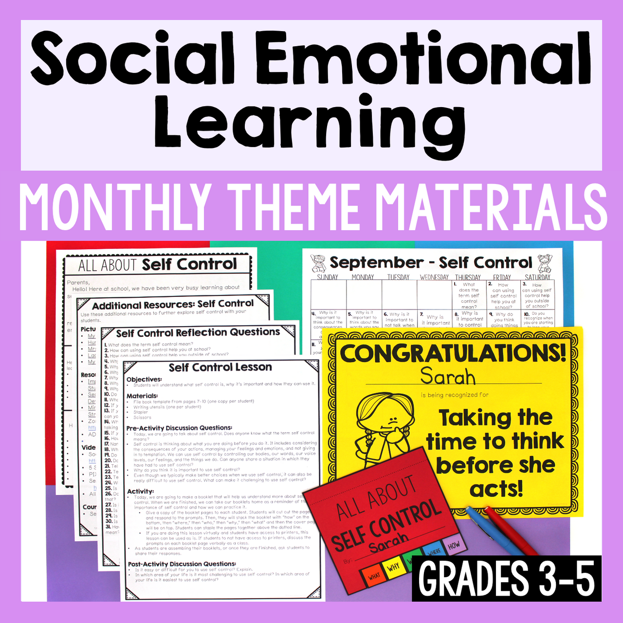 Social Emotional Learning materials with worksheets and a certificate on a purple background