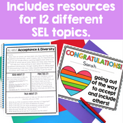 Educational materials with SEL topics on a colorful background
