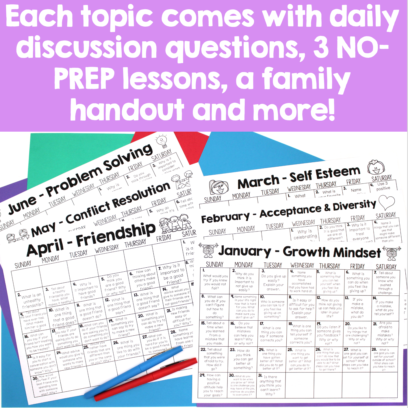 Educational materials with monthly themes and daily discussion questions on a blue and purple background.