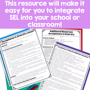Educational resources for integrating SEL into a school or classroom, with text on a purple background.