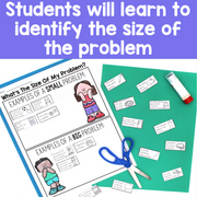 Educational materials for teaching problem identification with worksheets, cutout cards, and scissors on a green background.