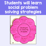 Flower-shaped diagram titled 'Strategies To Solve My Problems' on a notebook page with text about social problem-solving strategies.