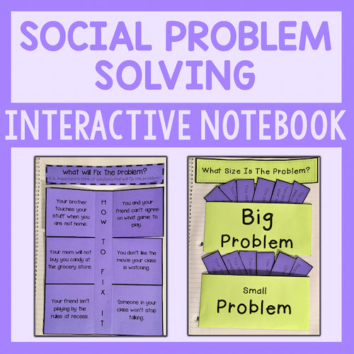Purple cards with text against a purple background with 'Social Problem Solving Interactive Notebook' text.