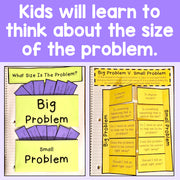 Purple and yellow cards with text to help kids learn to think about the sizes of problems against a purple background