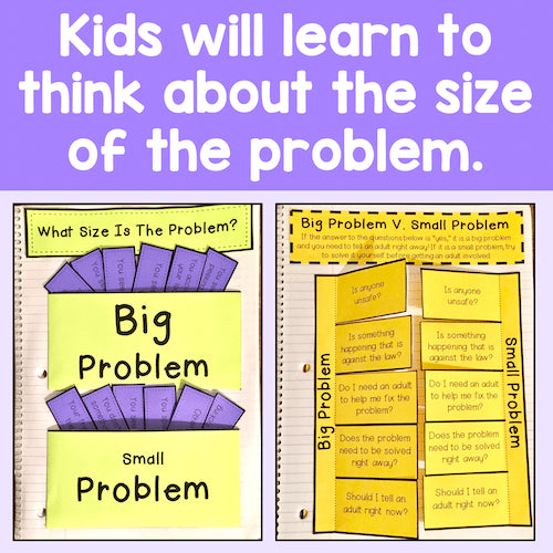 Purple and yellow cards with text to help kids learn to think about the sizes of problems against a purple background
